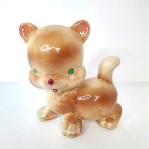 Vintage Rempel Diamond Pottery Cuddles Cute Cat Porcelain Figurine Green Eyes